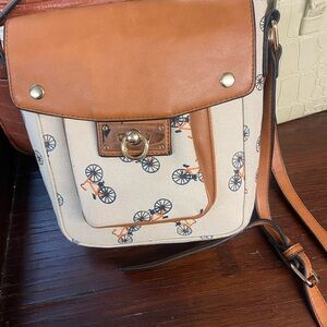 Canvas Bicycle Print Crossbody with faux leather Tan Trim